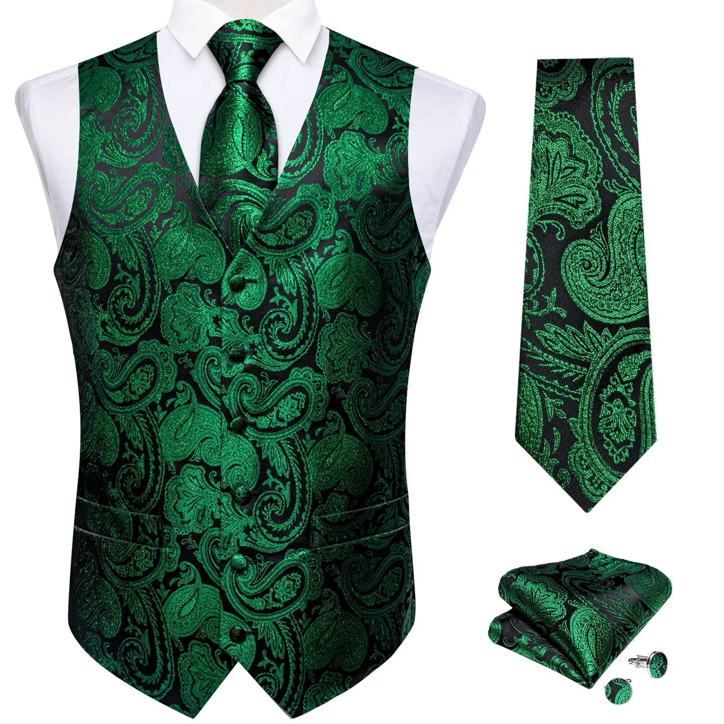 Luxury Green Paisley Solid Silk Suit Vest for Men Wedding Waistcoat Neck Tie Set Party Tuxedo Men Clothing DiBanGu