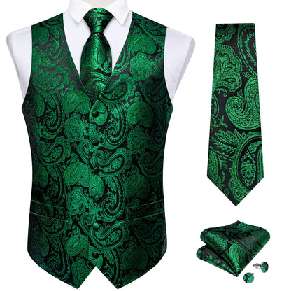 Luxury Green Paisley Solid Silk Suit Vest for Men Wedding Waistcoat Neck Tie Set Party Tuxedo Men Clothing DiBanGu