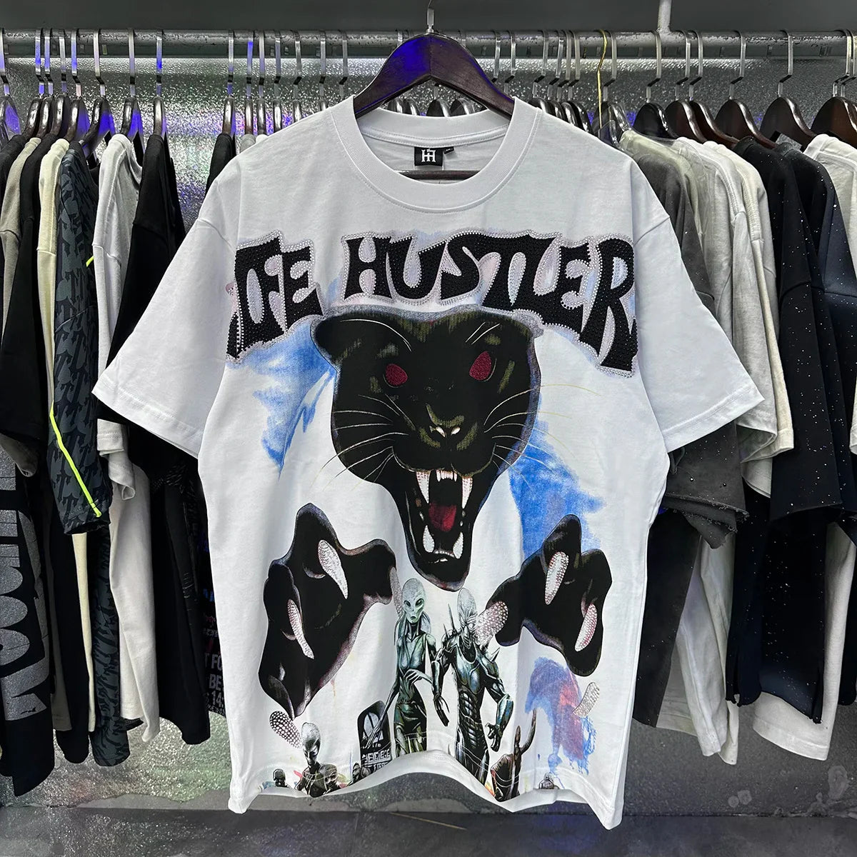 Masked Angel letter Rhinestone print Short Sleeve T shirts Men Women Fashion Harajuku Loose cotton casual Shinning Diamond Tees