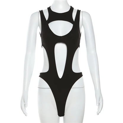 Mall Gothic Hollow Out Sexy Bodysuits Techwear Fashion Y2k Patchwork Tops Women Grunge Backless High Cut Slim Bodysuit