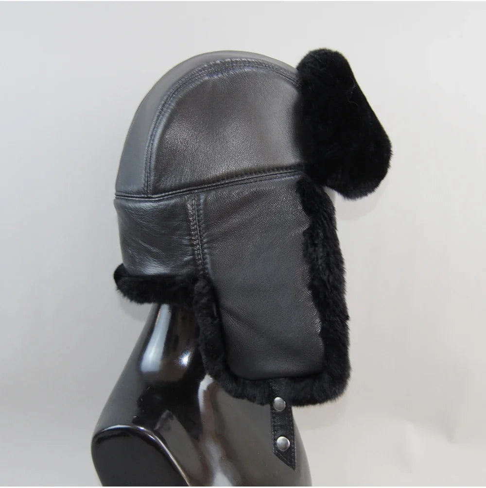 Winter Russian Man Woman White Skin Natural Rex Rabbit Fur Hats Luxury Real Sheepskin Leather Cap Unisex Real Fur Bomber Hat