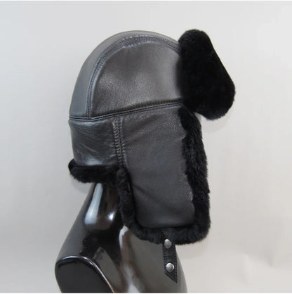 Winter Russian Man Woman White Skin Natural Rex Rabbit Fur Hats Luxury Real Sheepskin Leather Cap Unisex Real Fur Bomber Hat