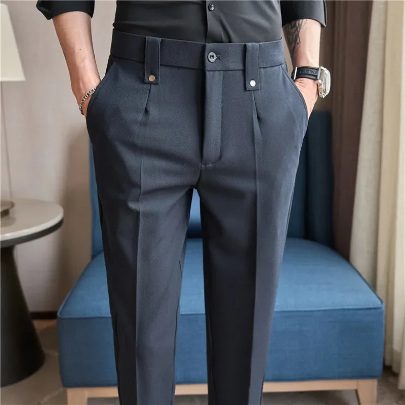 Mens Suit Pants 2026 Spring New British Style Elastic Waist Solid Casual Formal Dress Pants Slim Fit Trousers for Men Clothing