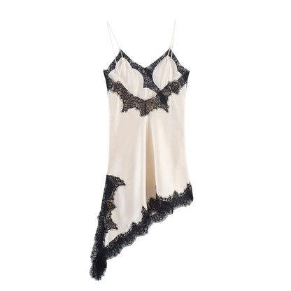 Summer Women Fashion Asymmetry Lace Decorate Dress Female Sexy Sleeveless Backless Halter Neck Collar Beach Party Dress