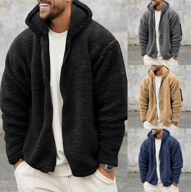 Men's Autumn and Winter Double-Sided Fleece Warm Jacket  Loose Hooded Casual Jacket