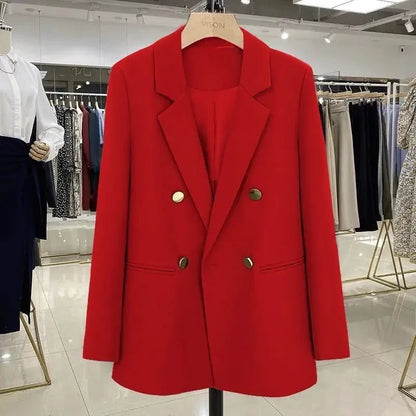 Blazer Woman Autumn Spring Long Sleeve Double Breatsed Lapel Loose Coat Slim Casual Jackets Office Ladies Vintage Blazers