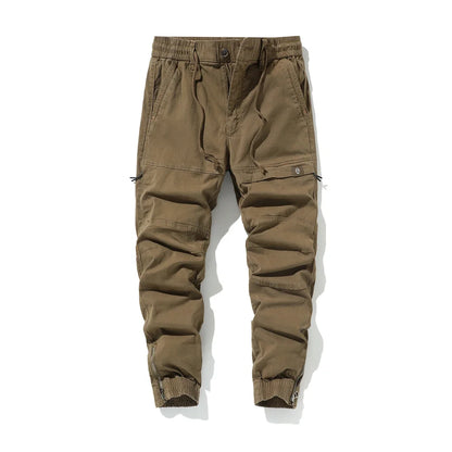 Cotton Men's Cargo Pants Elastic Waist Stretch Trouser Male Multi Pocket Casual Jogger Fit Ankle Length Zipper Purple Drawstring