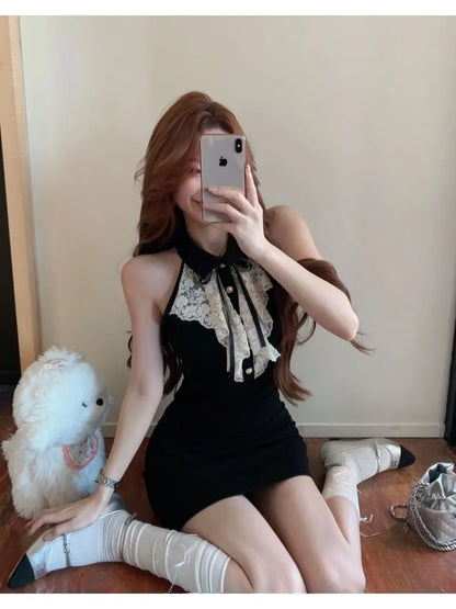 Hotsweet Y2k Dress Women Lace Splicing Bow Halter Waist Slim Fit Hip Mini Dresses Fashion Birthday Party Vestido Summer