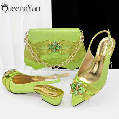 Elegant Pink Rhinestone Low-Heel Shoes & Handbag Set – Luxury Wedding & Party Accessories