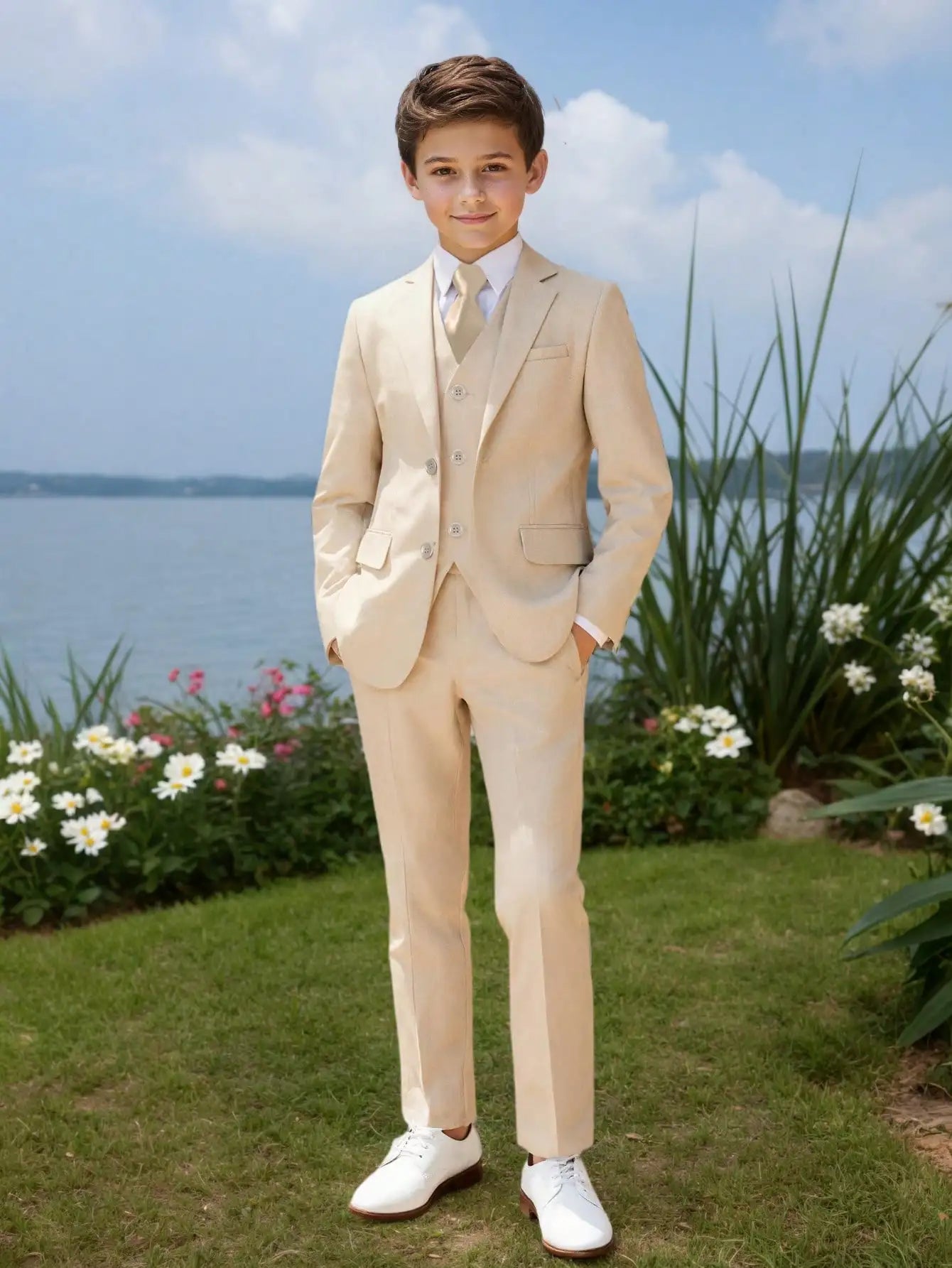 Boys Suit 5 Piece Jacket Vest Pants Shirt Tie Random Wedding Birthday Party Gift Performance Uniform School Uniforms Size 4-16Y