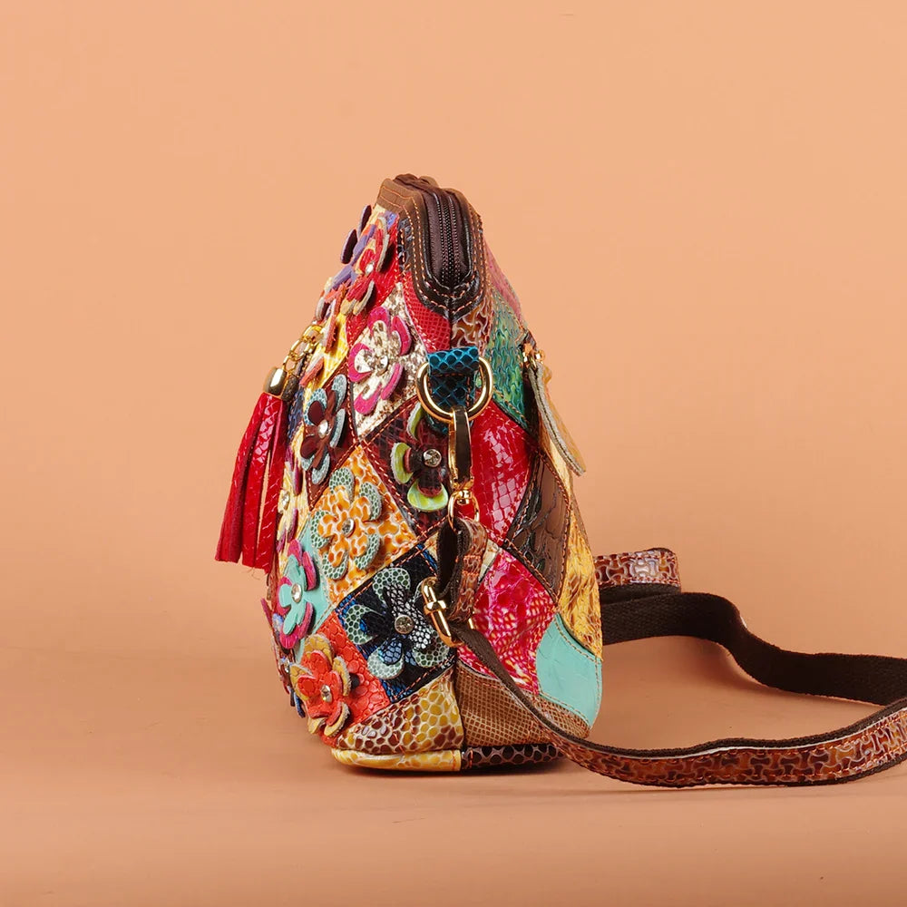Multi-color snake pattern splicing tassel genuine leather cowhide bag shoulder women's bag personalized casual women's small bag