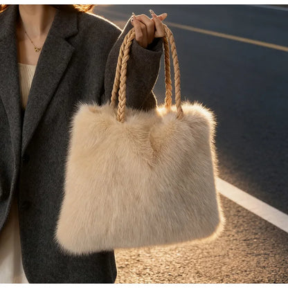 Fashion Women Furry Shoulder Bag Large Capacity Tote Handle Bag for Autumn Winter Outing Commuter Texture Versatile Storage Bags