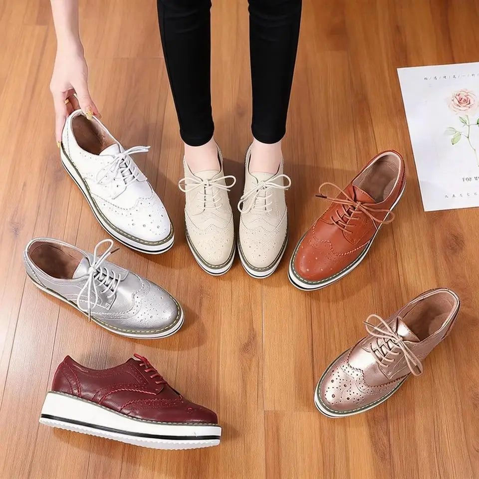 Women's Oxford Flats - Genuine Leather Wingtips Lace-Up Comfort Brogue Derby Patent Platform Casual Shoes for Spring Autumn