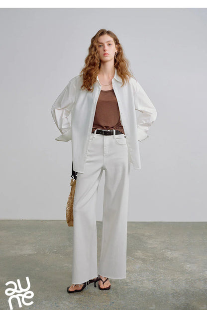 Women Jeans 2026 Spring New Black Label Lycra Stretchy White Frayed Cuff Loose Wide-Leg Pants