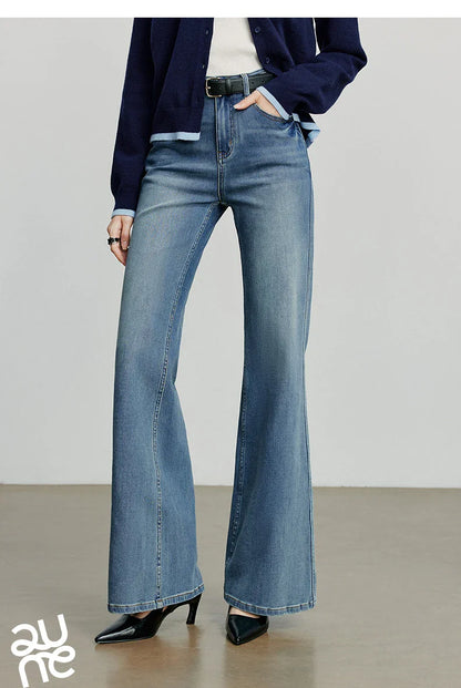 Women Denim jeans 2025 Autumn New Lycra Stretch Mid Waist Cotton Flares Pants