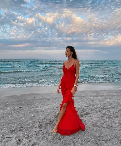 2024 Summer Fashion New Elegant Women's Sexy Chiffon Vacation Style Sling Dress with Ruffle Edge Style Long Dress