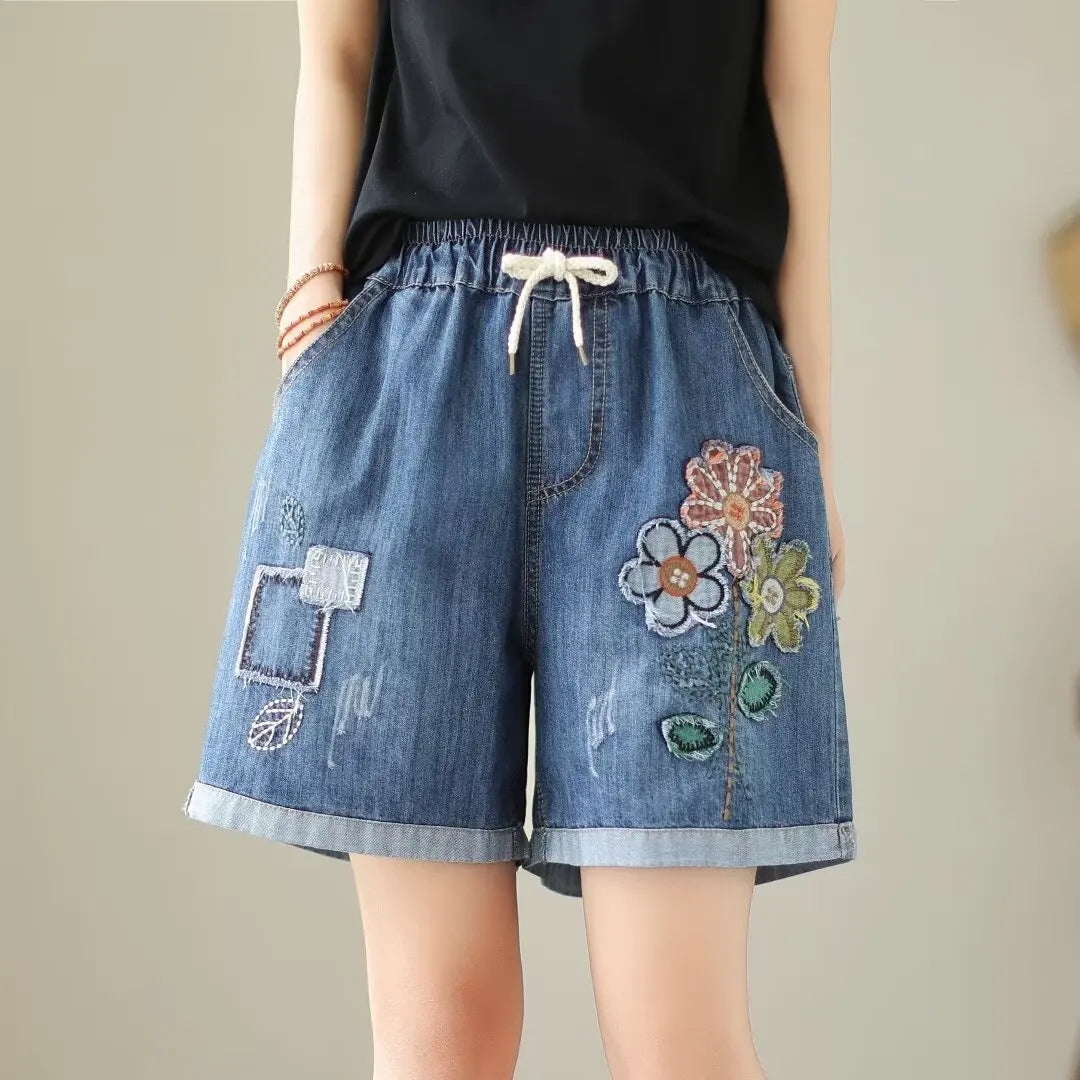 Embroider Shorts Jean For Women Summer Japanese Style Ethnic Elastic Waist Blue Flowers Embroidery Denim Shorts y2k