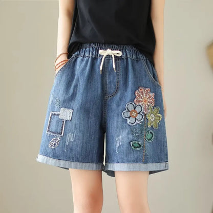 Embroider Shorts Jean For Women Summer Japanese Style Ethnic Elastic Waist Blue Flowers Embroidery Denim Shorts y2k
