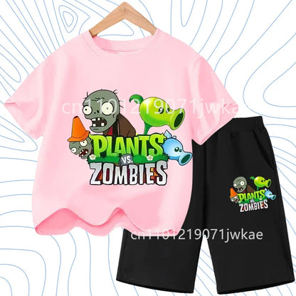 Children's Plants Vs. Zombies Short-Sleeved T-Shirt Set Cotton Summer Fashion Comfortable Top+pants for Boys and Girls