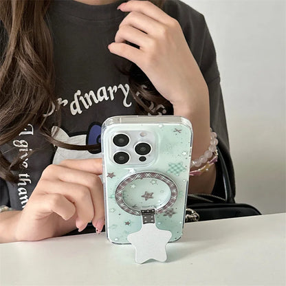 Fashion Mint Green Polka Dot Star Magnetic Stand Phone Case For iPhone 17 16 Pro 15 14 Pro Max Cover For Magsafe Cases Cute Capa