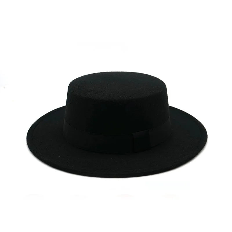 Black Ribbon Flat Top Hat British Retro Style Unisex Wool Fedora Winter Warm Hat