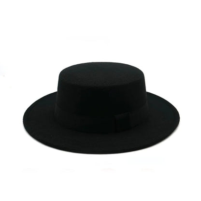 Black Ribbon Flat Top Hat British Retro Style Unisex Wool Fedora Winter Warm Hat