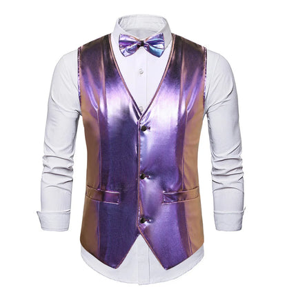 2025 New Gold, Silver, Pink, Purple Disco Glitter Vest for Men, Six Color Bright Men's Waistcoat with Bow Tie, Eur Size S-2XL