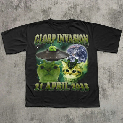 Glorp Invasion Funny Alien Cat T-shirt, Cat Lover Gift, Emoji T-shirt, Clothing Non-accelerated Weird T-shirt Brainless Kitten