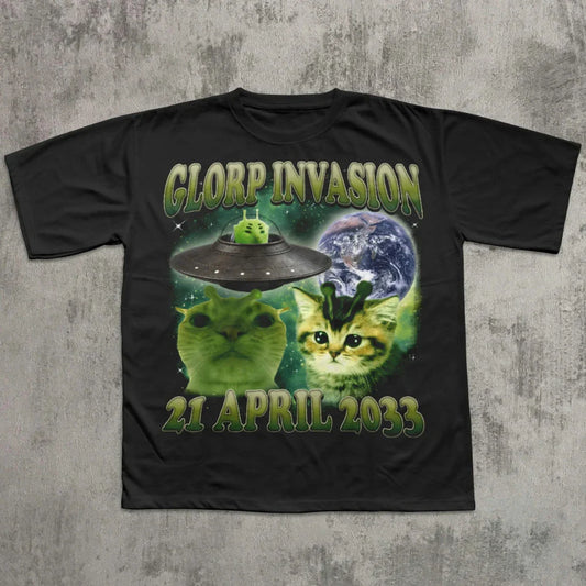 Glorp Invasion Funny Alien Cat T-shirt, Cat Lover Gift, Emoji T-shirt, Clothing Non-accelerated Weird T-shirt Brainless Kitten