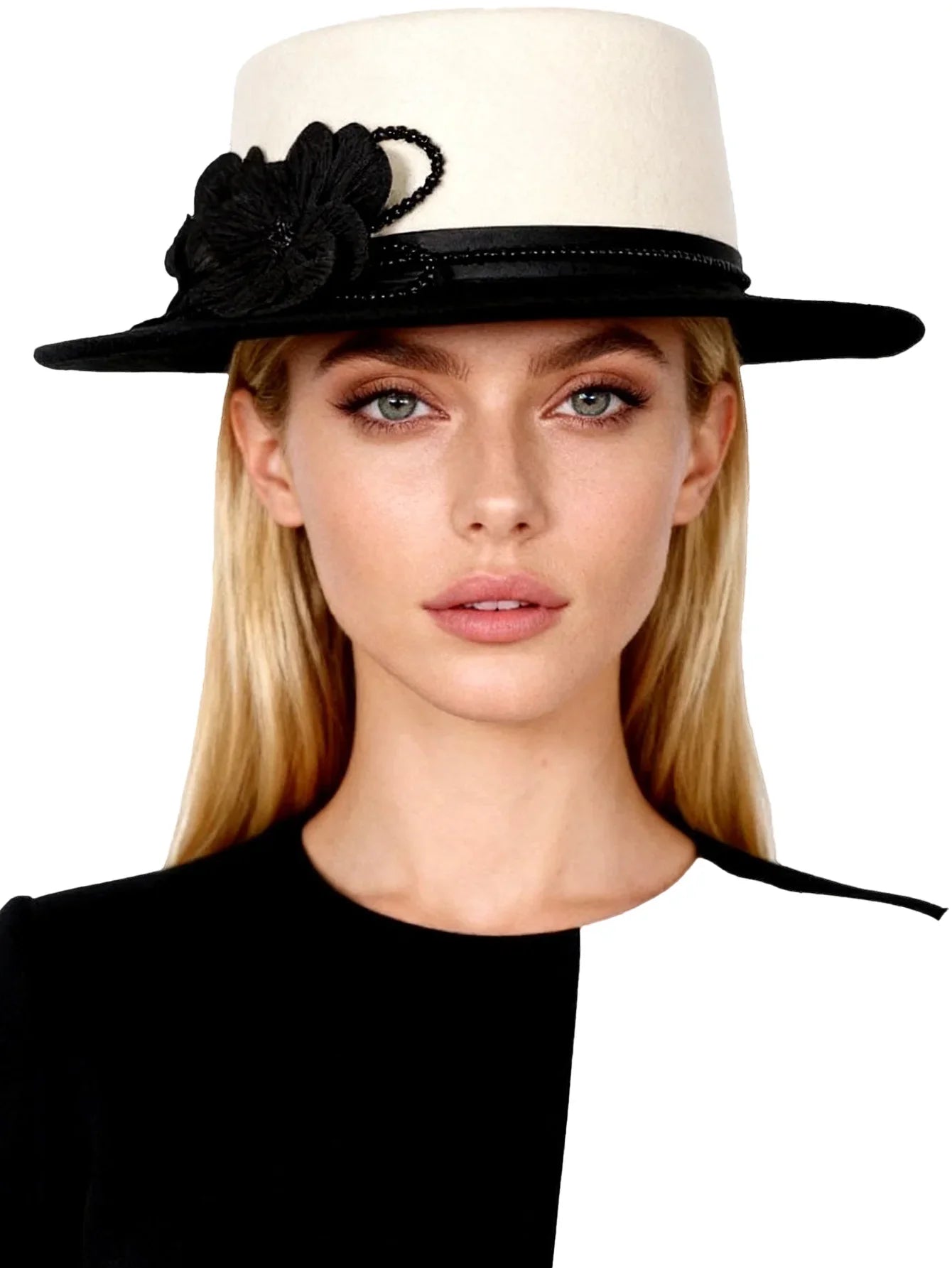 Women's Black/White Flat Top Wool Felt Fedora Hat with Flower Faux Pearl Detail Winter Dress Cap Stylish French Millinery