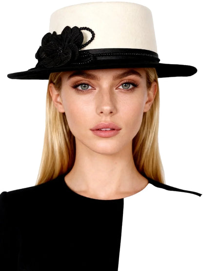 Women's Black/White Flat Top Wool Felt Fedora Hat with Flower Faux Pearl Detail Winter Dress Cap Stylish French Millinery