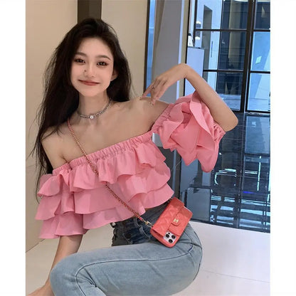 Off Shoulder Fashion Woman Blouse Stacked Ruffles Crop Top Shirt Summer Designer Short Sleeve Chiffon Sexy 2023 New