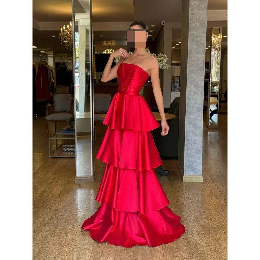 Cathy Customize Red Layered Satin A-line Prom Dress Simple Strapless vestidos de noiva Elegant Floor-length Evening Dresses 2025