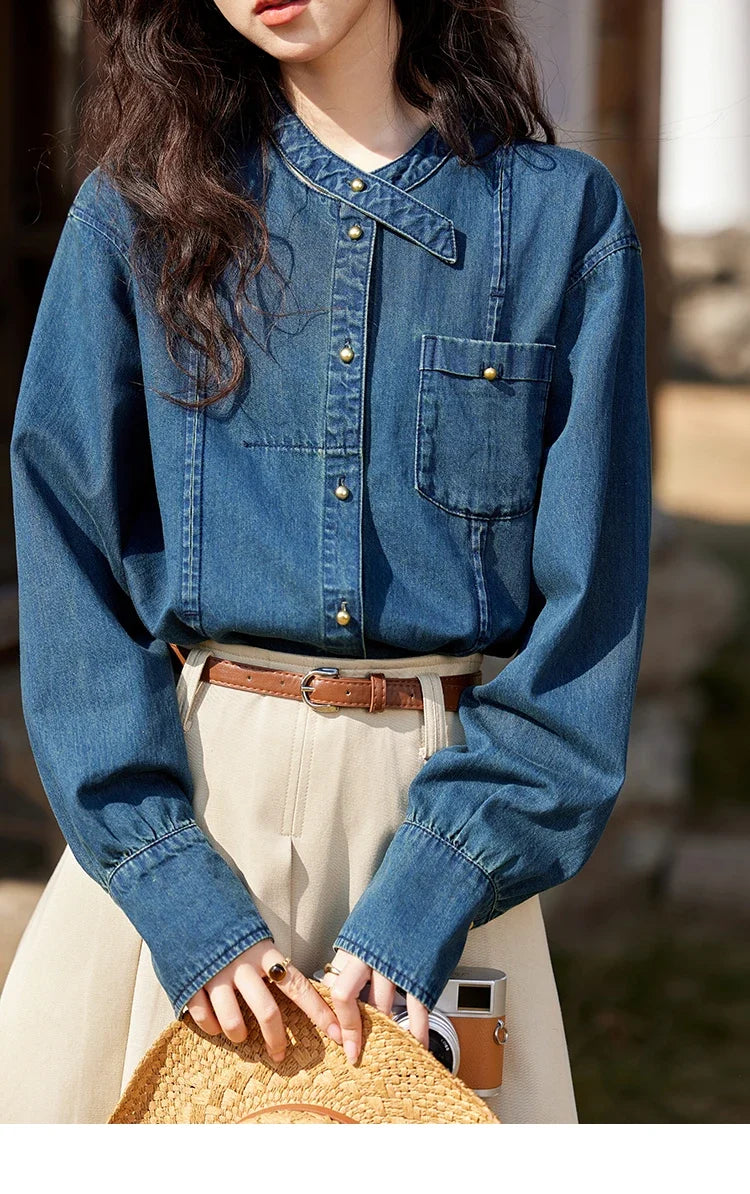 100 Cotton Denim Shirt French Retro Long Sleeved Shirt for Women 2025 Spring Loose Fit O Neck Casual Shirt Top MXE12C0384