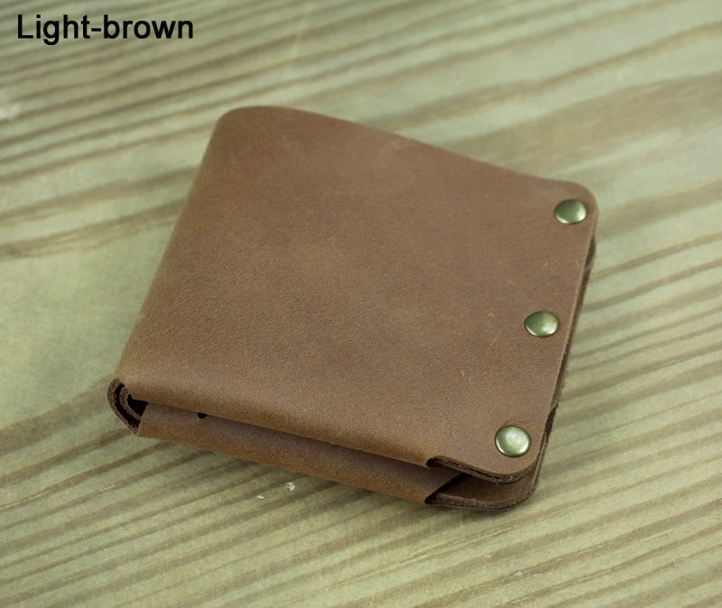 Fashion PUNK Handmade Crazy Horse Genuine Leather Wallet Men Money clip Short Wallet Bag Stud male Purse Card Holder Wallet
