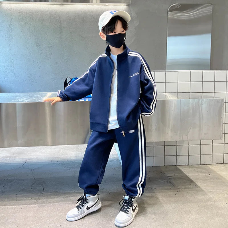 Spring Autumn Boys Navy Striped Zip Sweatshirt Coats+Sweatpant Sets School Kids Tracksuit Children Outfit Jogging Suit 3-14Yrs