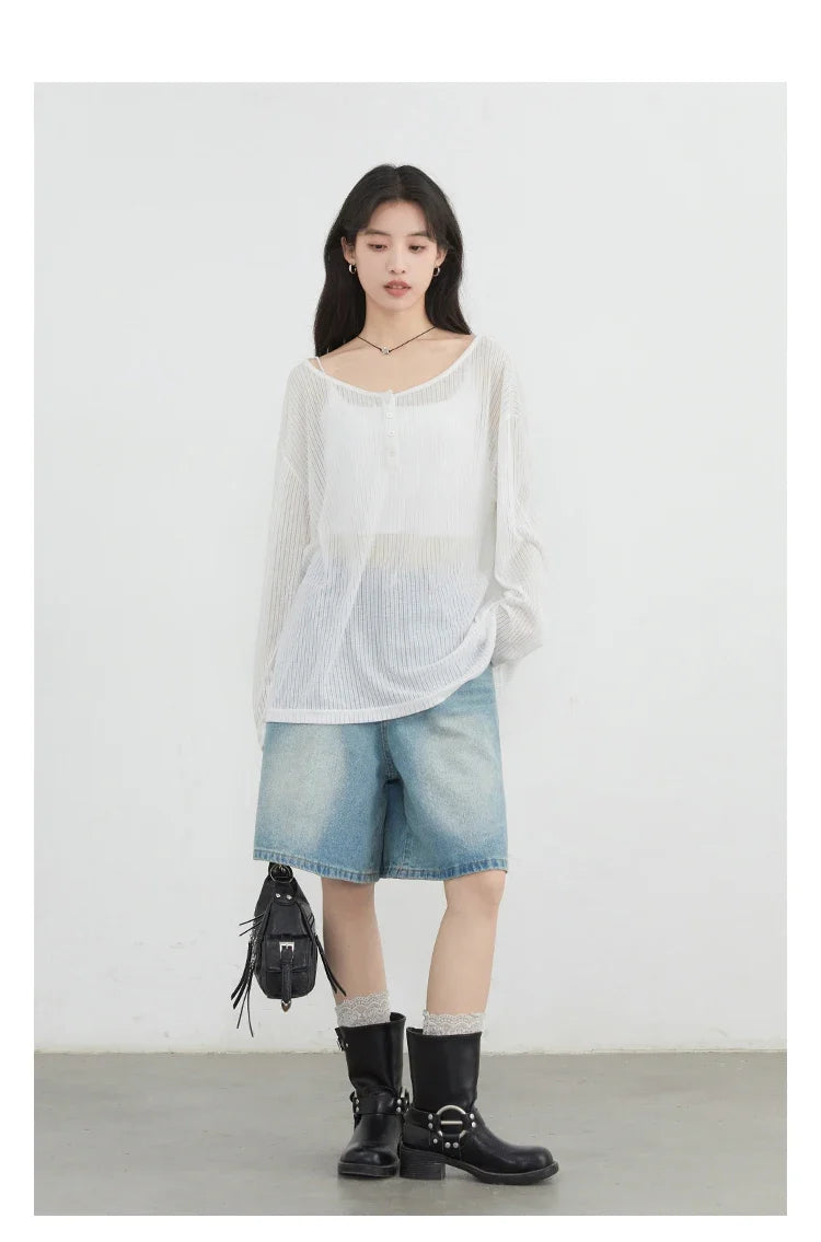 Women T-Shirts Casual Loose New Slightly Transparent O Neck Female Top Thin Sun Protection Tees Spring Summer 2025