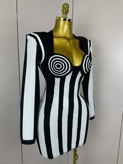 2025 Luxury Sexy Long Sleeve Stripe Black White Mini Bandage Dress Women Knitted Celebrity Elegant Evening Club Birthday Dresses