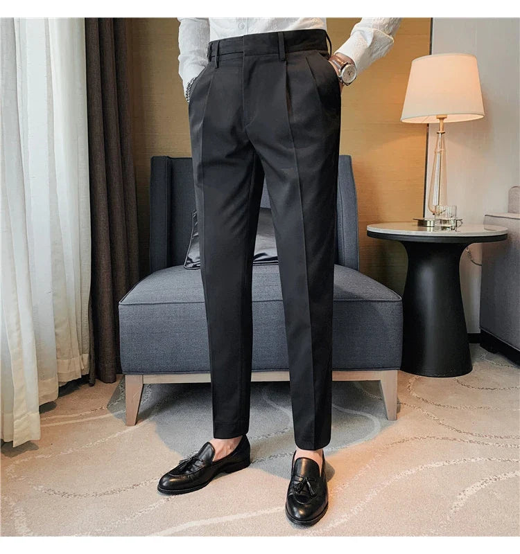 Autumn Winter High Quality Solid Casual Pants Men Belt Design Slim Fit Trousers Formal Office Business Social Party Suit Pants