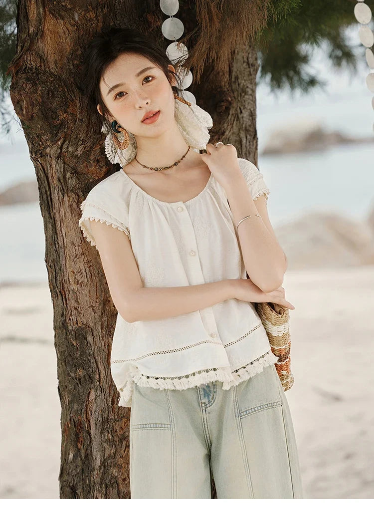 Embroidered French Shirt Women Summer 2025 Short Sleeve Round Neck Solid Blouses Female Fashion New Tops Lady MXE33X1744