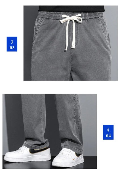 Summer Soft Lyocell Fabric Thin Loose Straight Pants Drawstring Elastic Waist Korea Casual Trousers Men's Jeans Plus Size M-5XL