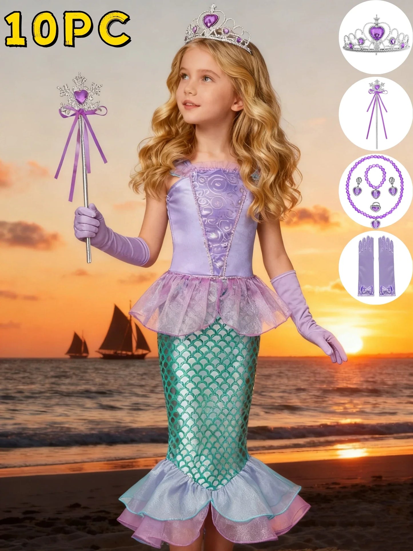 Popular Movie Children Fish Princess Dress With Purple Sequins Decoration And Fish Scales Skirt Holiday Role-Playing Dress