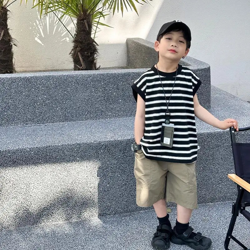 Striped Sleeveless Vest Children Clothing Top and Bottom Clothing Set Fashion 8 14 Years Children's Suit for Boy Clothes Outdoor