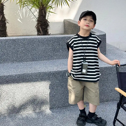 Striped Sleeveless Vest Children Clothing Top and Bottom Clothing Set Fashion 8 14 Years Children's Suit for Boy Clothes Outdoor