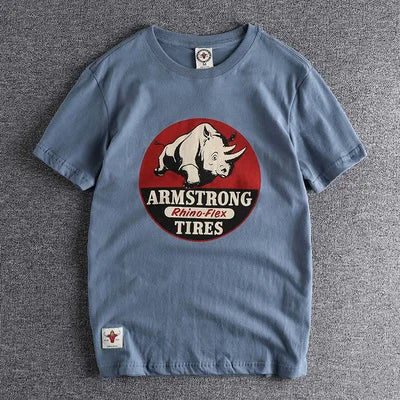 Summer New American Retro Short-sleeved O-neck Rhino Printed T-shirt Men's Fashion Simple 100% Cotton Washed Casual Sport Tops