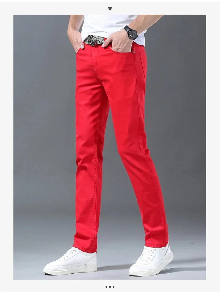 Men Classic Version Slim Stretch Trousers Clothing Red Straight Jeans Fashion High Quality Casual  Denim Pants Male 36 40