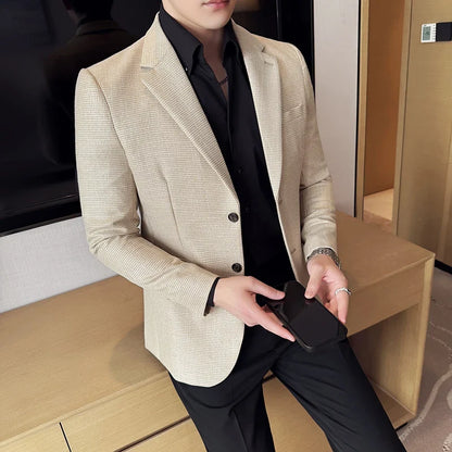 Bright Silk Thousand Bird Grid Suit Jacket Korean-style Business Fashion Slim Fit Single Breasted Men Social Party Dress Coats