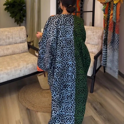 Elelgant V-Neck Simple Loose Dress Women 2025 Spring Summer Holiday Printing Patchwork Maxi Dress Casual