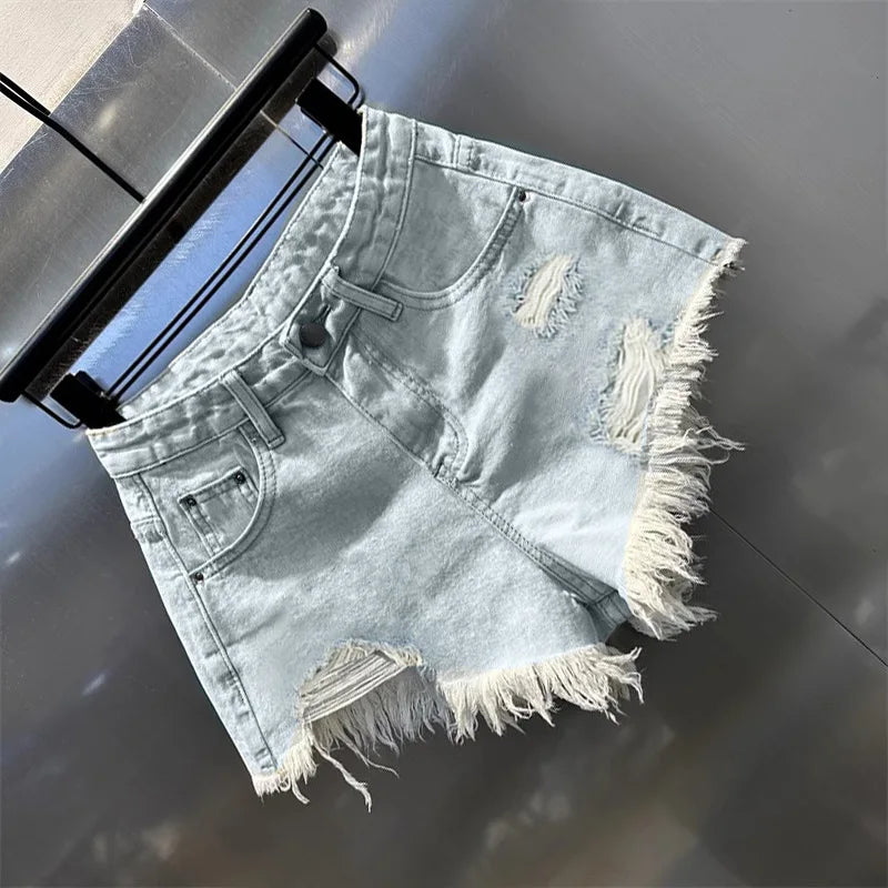 New Hot Girl Retro Irregular Distressed Ripped Denim Shorts 2026 Summer Women's Low-waist Causal Shorts