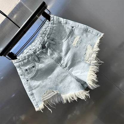 New Hot Girl Retro Irregular Distressed Ripped Denim Shorts 2026 Summer Women's Low-waist Causal Shorts